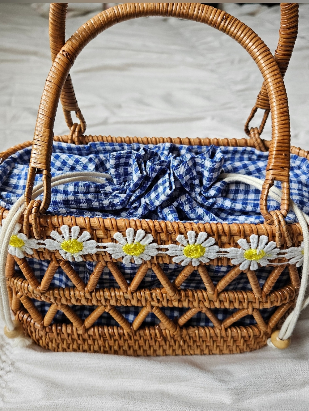 Woven Straw Daisy Trim Tote with Blue Gingham Liner